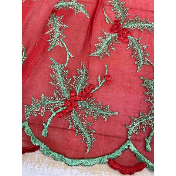 VTG 1960s Christmas Apron Sheer Red Organza Green / Red Embroidered Holly Pocket - Picture 5 of 8